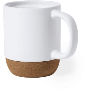A white coffee mug with a cork base and a sturdy handle, showcasing a modern design.