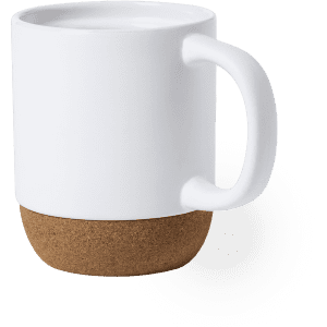 A coffee mug featuring a white upper section and a cork base, with a curved handle and smooth finish.