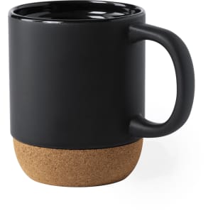 A coffee mug in black with a cork base, featuring a handle and a smooth finish. It has a logo on one side.