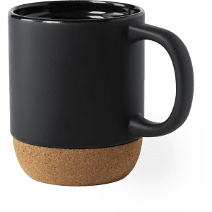 A coffee mug featuring a black upper body and a cork base, with a handle and a glossy interior.