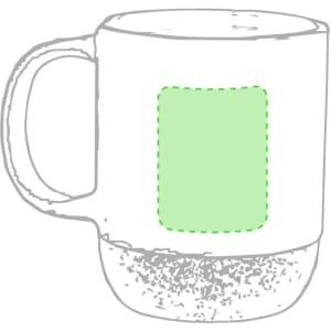 A coffee mug with a green outline for branding, featuring a textured base and a sturdy handle.