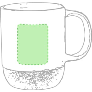 A coffee mug featuring a green-highlighted area on a white body with a textured grey base, and a handle.
