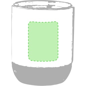 A coffee mug featuring a solid white body and a grey base, with a green outlined area for branding.