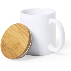 A white coffee mug with a wooden lid. The mug features a handle and has a sleek design.
