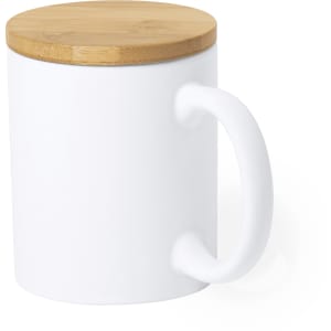 A white coffee mug with a bamboo lid and a sturdy handle, featuring a smooth, minimalist design.