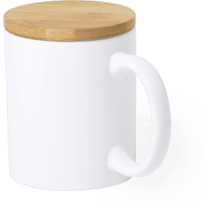 A white coffee mug with a bamboo lid and a handle, featuring a simple design.