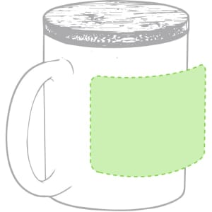 A white coffee mug with a handle and a green logo area. The top has a wood-grain texture.
