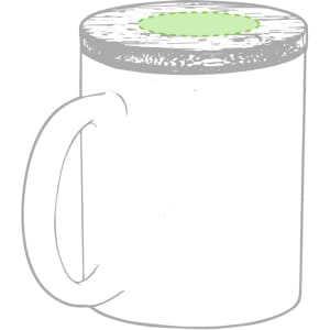A white coffee mug with a green circular accent on the top and a handle, featuring a logo.