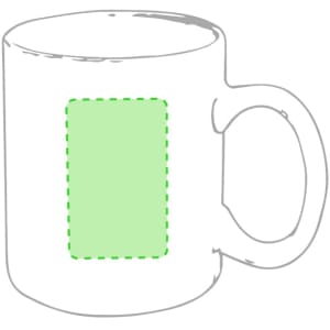 A white coffee mug with a blank green area for customisation and a handle on the side.