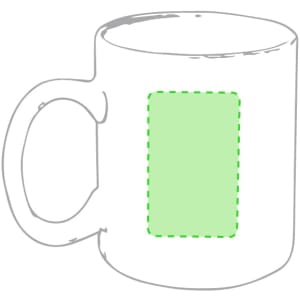 A white coffee mug featuring a green rectangular area, with a handle on the side and a logo.