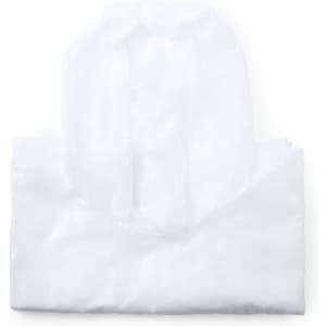 A white poncho raincoat laid flat, featuring a hood and a simple design. It has a logo on it.