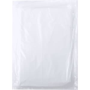 A white rain poncho in a transparent packaging. The product has a logo.