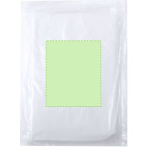 A clear packaging containing a white raincoat poncho. The product has a logo on it.