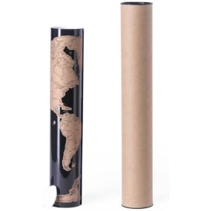 A cylindrical black novelty item with a world map design, alongside a brown cylindrical packaging tube.