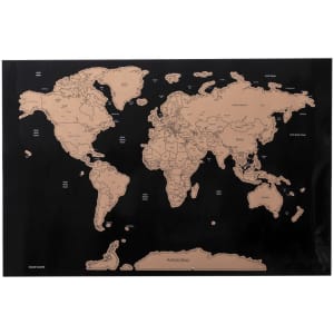A novelty scratch-off world map on a black background, featuring detailed geographical outlines and labels.