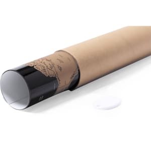 A cylindrical packaging featuring a brown paper exterior and a black map design on the inner tube.