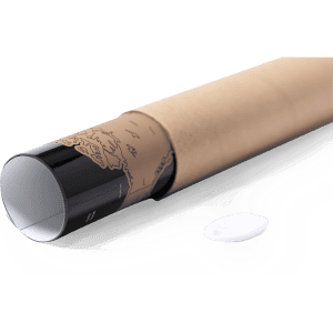 A cylindrical tube with a brown paper exterior and a black end featuring map designs. Includes a small white cap.