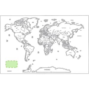 A novelty map featuring a world outline in grey with blank regions for colouring. Includes a green highlighted area.