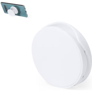 A white phone holder with a circular design, featuring a pop socket attached to a mobile device.