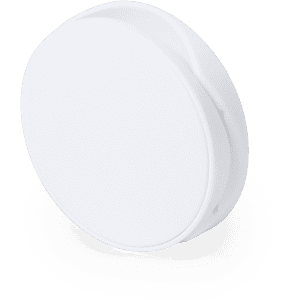A white, round phone stand with a minimalist design and logo. Ideal for holding devices securely.