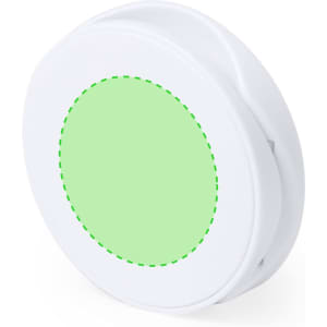 A white phone holder with a green circular area in the centre, featuring a simple design and a logo.