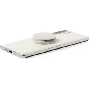 A white phone stand with a circular holder on a smartphone, featuring a minimalistic design.