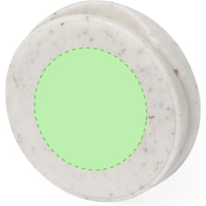 A marble-patterned phone stand in white with a circular green accent. It features a simple, rounded design and a logo.