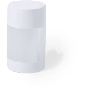 A cylindrical toiletry container in opaque white plastic with a smooth surface and matching white lid.