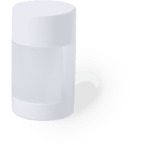 A clear, cylindrical container with a white lid, suitable for travel toiletries. It features a logo.
