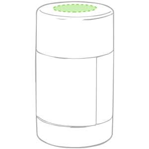 A cylindrical travel container with a green lid, featuring a sleek design and an integrated logo.