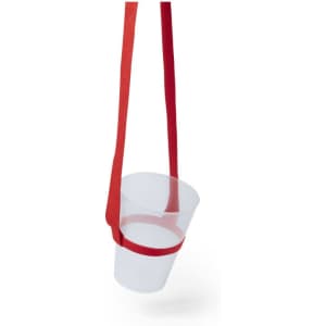 A drink bottle holder in clear plastic with a red lanyard, designed to hang and carry beverages conveniently.