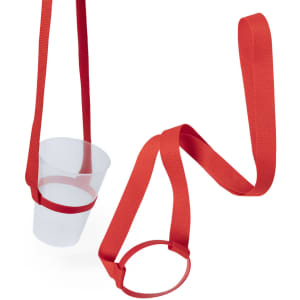 A drink bottle holder in bright red, featuring a strap and a cup holder, suitable for events and exhibitions.