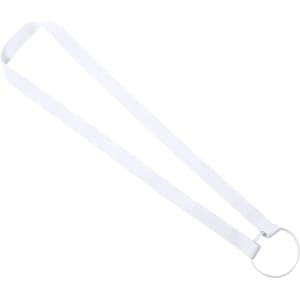 A drink bottle holder with a white strap and a circular ring attachment. It features a logo.