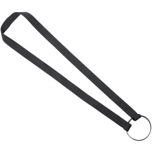 A drink bottle holder with a black lanyard and a circular ring attachment for securing bottles.