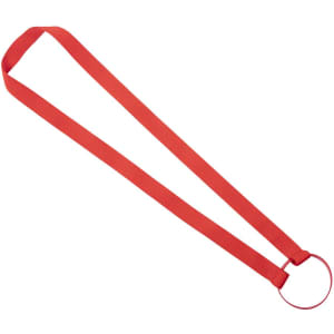 A red lanyard featuring a circular cup holder at the end, designed for convenient drink storage.