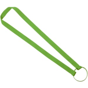 A drink bottle holder with a circular attachment, featuring a bright green lanyard strap.