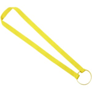 A drink bottle holder with a long, bright yellow lanyard and a circular ring for securing the bottle.