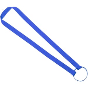 A blue lanyard with a circular cup holder attachment, designed for carrying drink bottles.