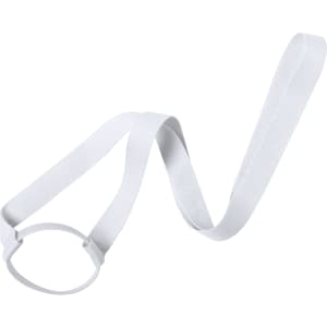 A drink bottle holder with a white strap and a circular holder, featuring a branding logo.
