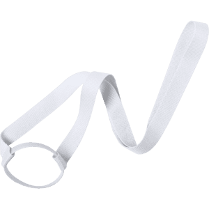 A drink bottle holder featuring a white lanyard design, complete with a circular holder and a long strap.