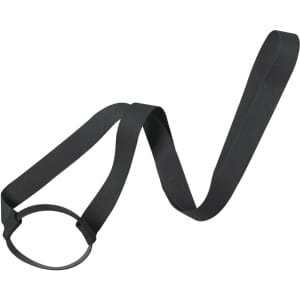 A drink bottle holder with a black strap, designed to be worn as a lanyard, featuring a circular holder for the bottle.