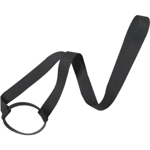 A black lanyard with a circular cup holder designed to securely hold drink bottles.