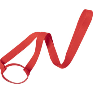 A red lanyard cup holder with a loop and an elongated strap, featuring a logo.