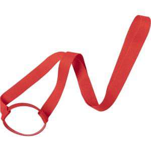 A drink bottle holder in bright red with a long strap and a circular base. It features a logo.