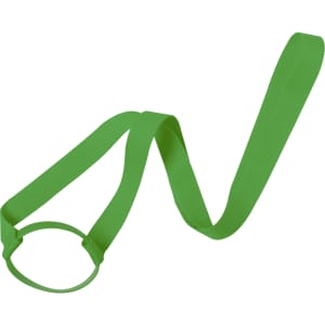A drink bottle holder in bright green, featuring a lanyard for easy carrying. The product includes a branding logo.
