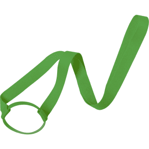 A green lanyard cup holder with a loop for securing a drink container and a long strap.