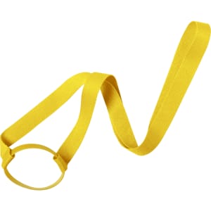 A drink bottle holder with a yellow lanyard, featuring a circular holder and a long strap.