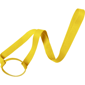 A drink bottle holder in bright yellow with an adjustable lanyard, designed for convenience at events.