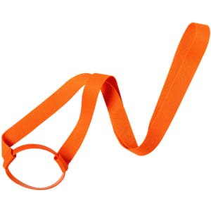 An orange lanyard cup holder featuring a circular holder and a long strap. It includes a logo.