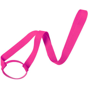 A drink bottle holder in bright pink with a long strap, featuring a circular grip and branding.